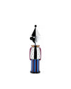 Multi-colored figural corkscrew by Alessi, designed as a black and silver character with a striped blue and maroon body.