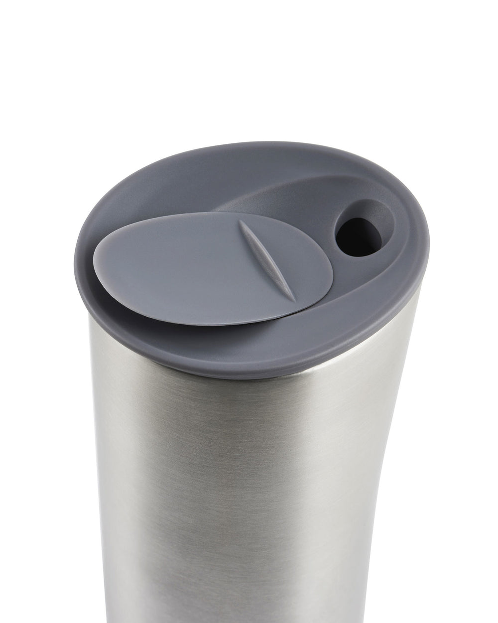 Brushed stainless steel Buri thermo tumbler by Alessi, with a dark grey flip-top lid and drinking hole, angled view.