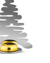 A silver abstract place marker by Alessi, shaped like a tree with two glossy gold dome weights at the base.