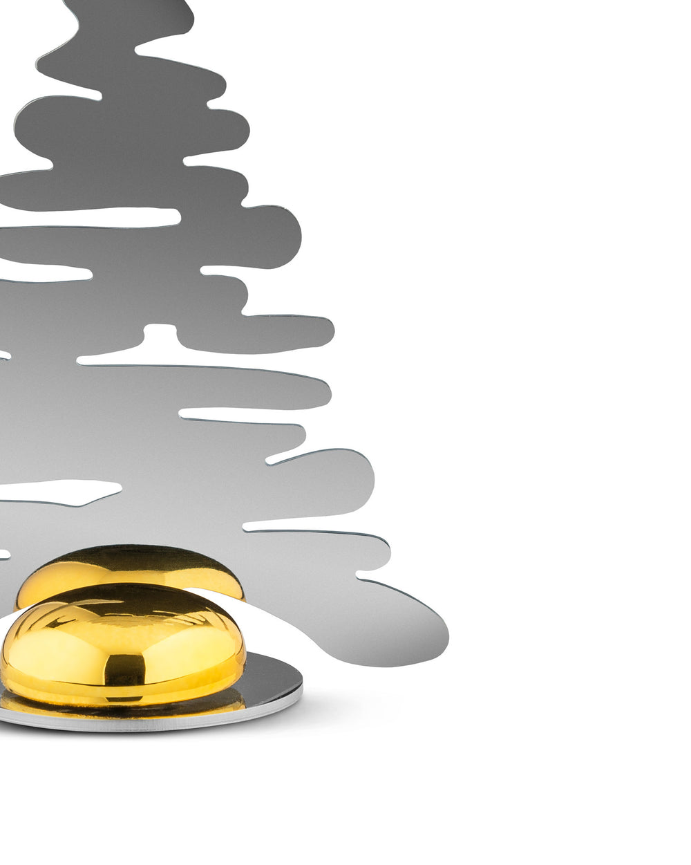 A silver abstract place marker by Alessi, shaped like a tree with two glossy gold dome weights at the base.