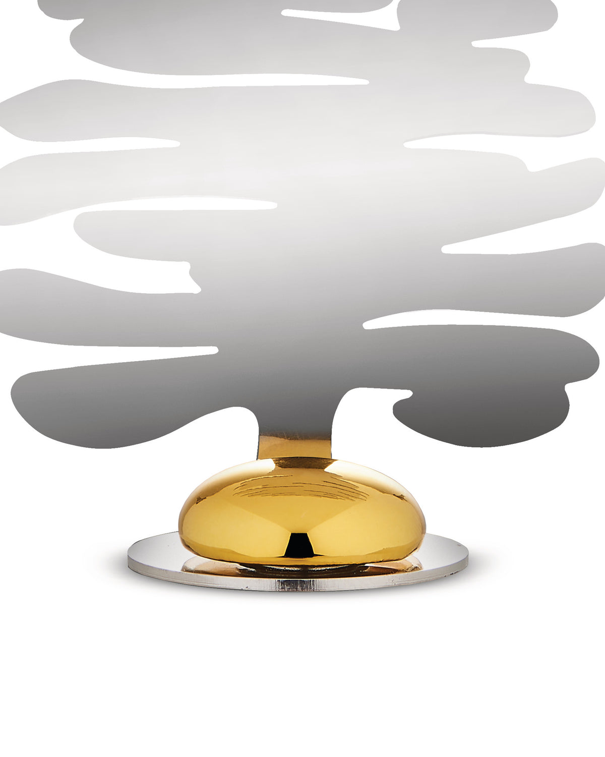 Silver tree-shaped place marker by Alessi with a gradient grey finish, set on a shiny gold dome and chrome base.