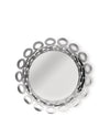 Polished silver metal fruit bowl by Alessi, featuring a decorative open-work rim of linked oval shapes.