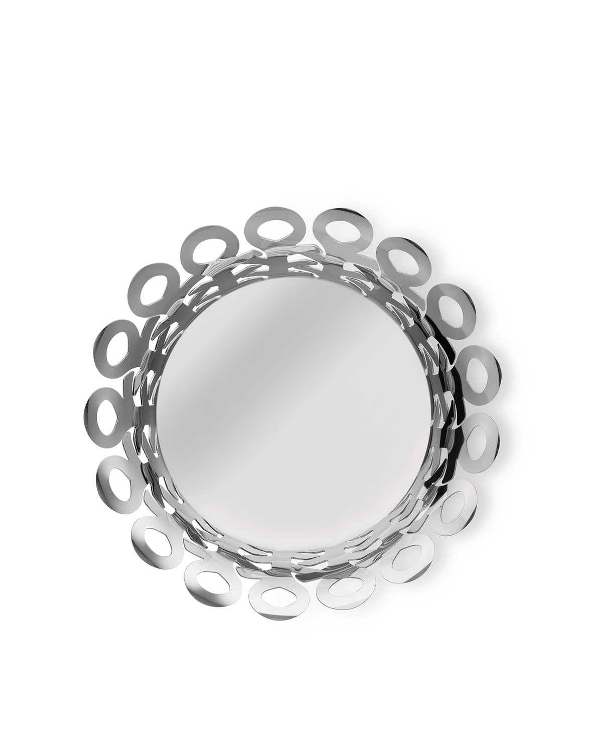Polished silver metal fruit bowl by Alessi, featuring a decorative open-work rim of linked oval shapes.