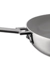Stainless steel pan with a gray interior by Alessi, featuring a textured black handle attached with rivets, from a side view.