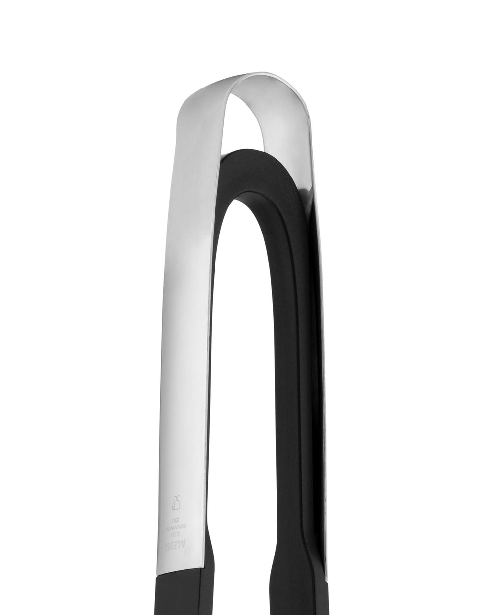 Silver and black kitchen tongs by Alessi, with engraved designer name and year on one side.