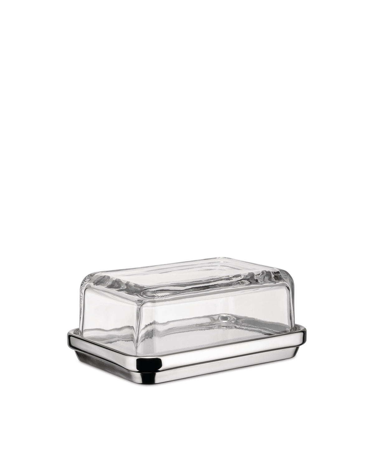 A rectangular butter dish with clear glass lid and polished stainless steel base by Alessi, shown from a slight angle.