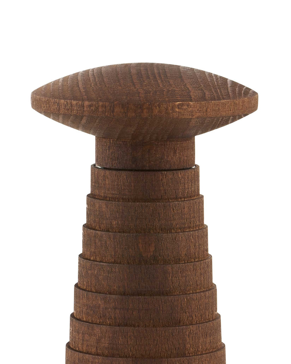 Dark brown wooden grinder by Alessi with a tiered, stacked body and a flattened top.