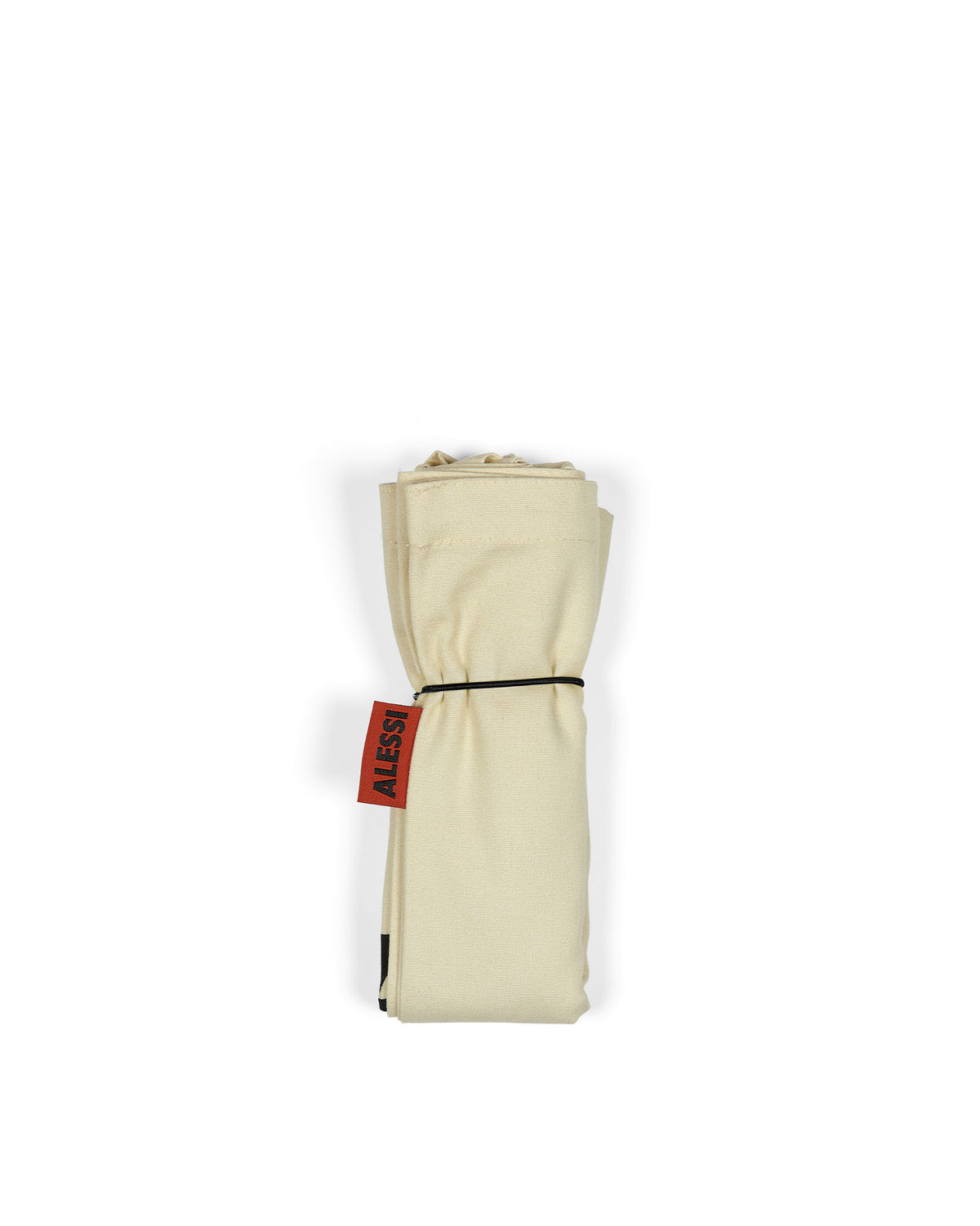 XL tote bag in light beige by Alessi, vertically rolled and secured with a black elastic band and a red brand tag.