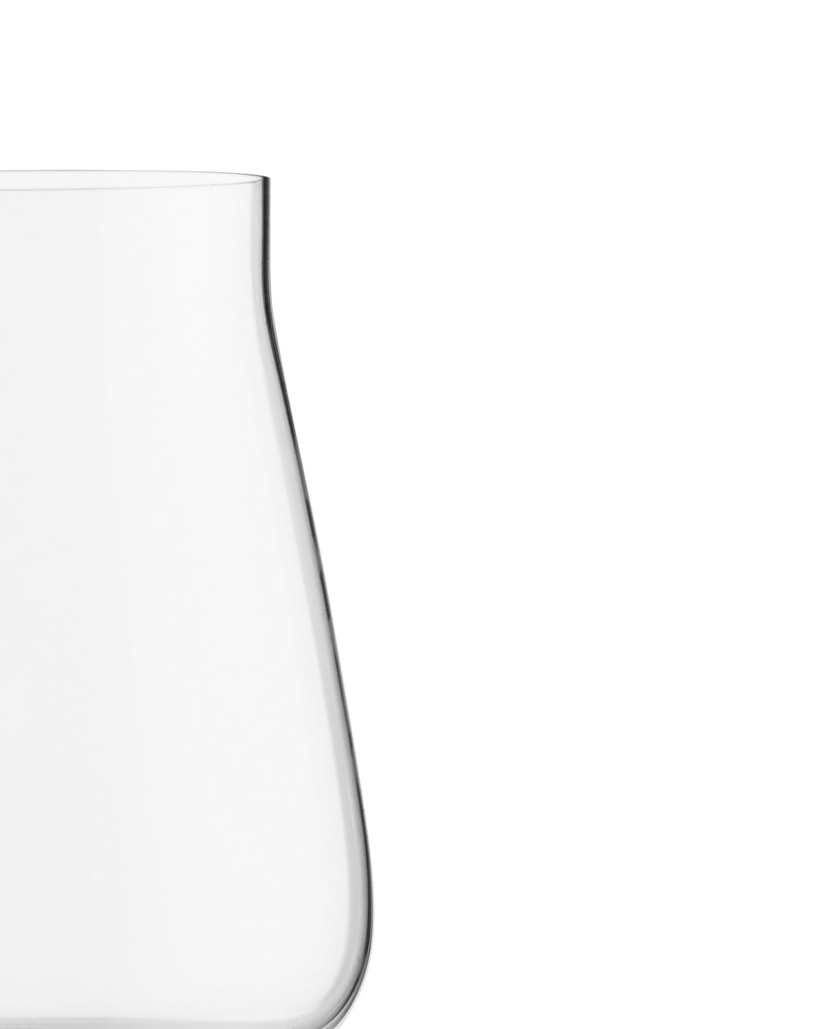 Clear white wine glass by Alessi, featuring a smooth, curved silhouette in a cropped, minimalist side view.