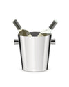 Silver faceted wine cooler by Alessi, holding two white wine bottles, front view.