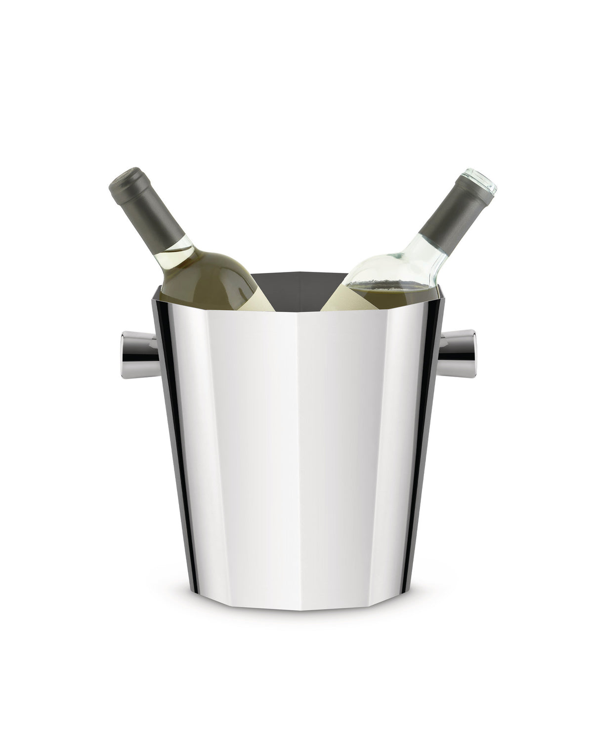 Silver faceted wine cooler by Alessi, holding two white wine bottles, front view.