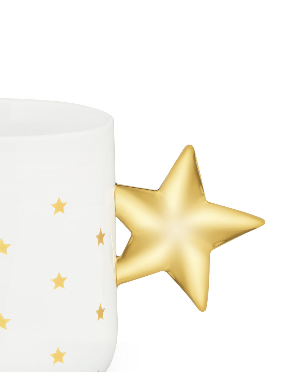White Christmas mug by Alessi with a gold star handle and gold star pattern.