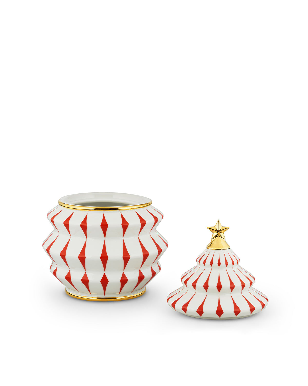 White Christmas jar by Alessi, with a red diamond pattern and gold details. The separate lid is a matching Christmas tree with a gold star.