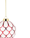 White Christmas tree ornament by Alessi with a red scalloped pattern, gold cap, and hanging chain on a white background.