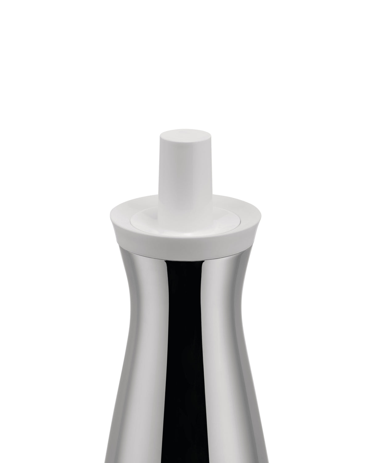 Silver and white oil cruet by Alessi with a sleek, reflective, hourglass-shaped body and a white cylindrical top.