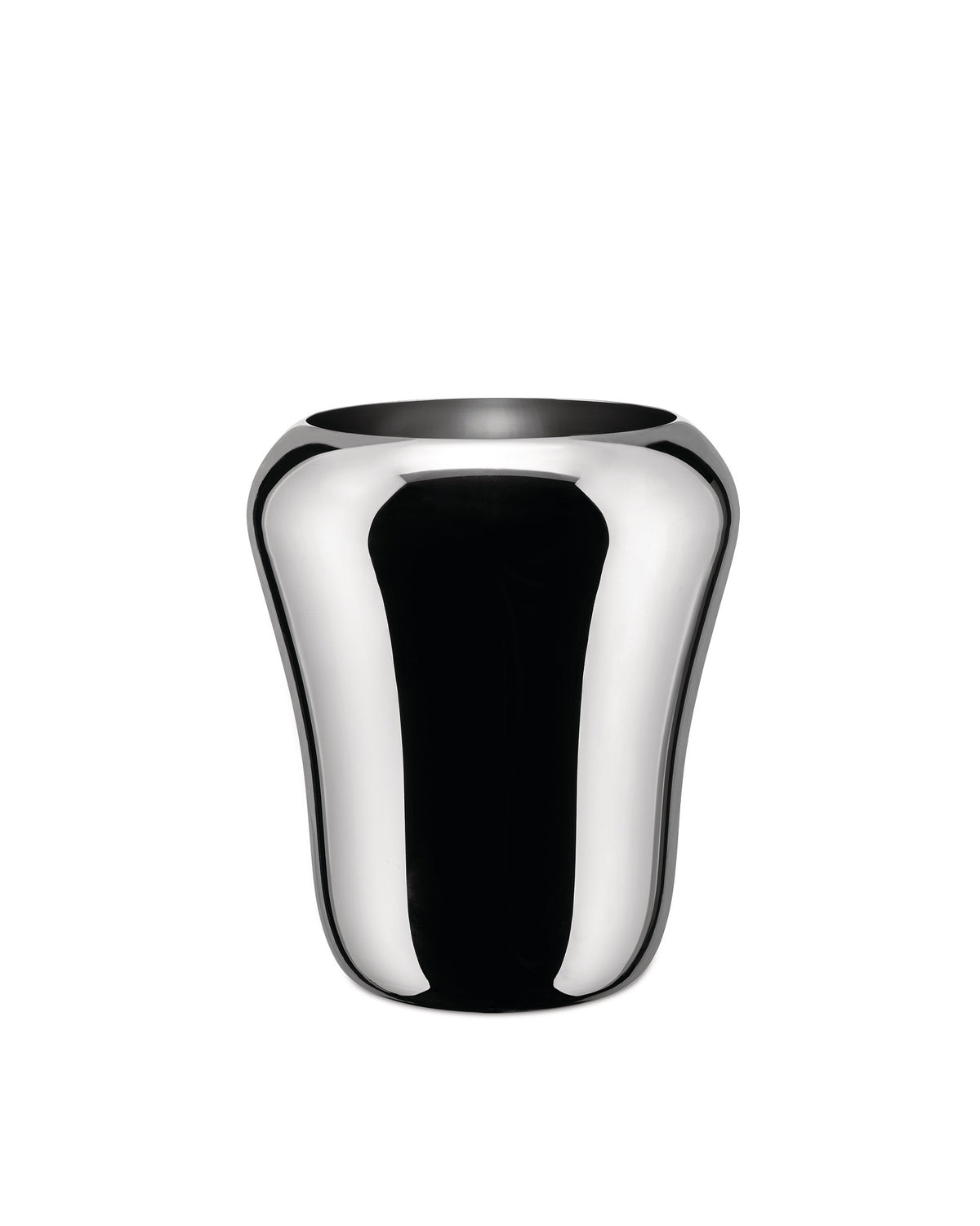 Shiny chrome Babà laundry basket by Alessi with a wide, curved silhouette and reflective surface.