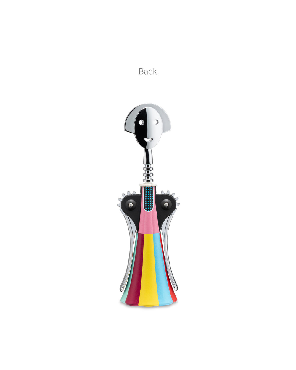 Multi-colored Anna G. corkscrew by Alessi, featuring a chrome smiling face and striped body, shown from the back.
