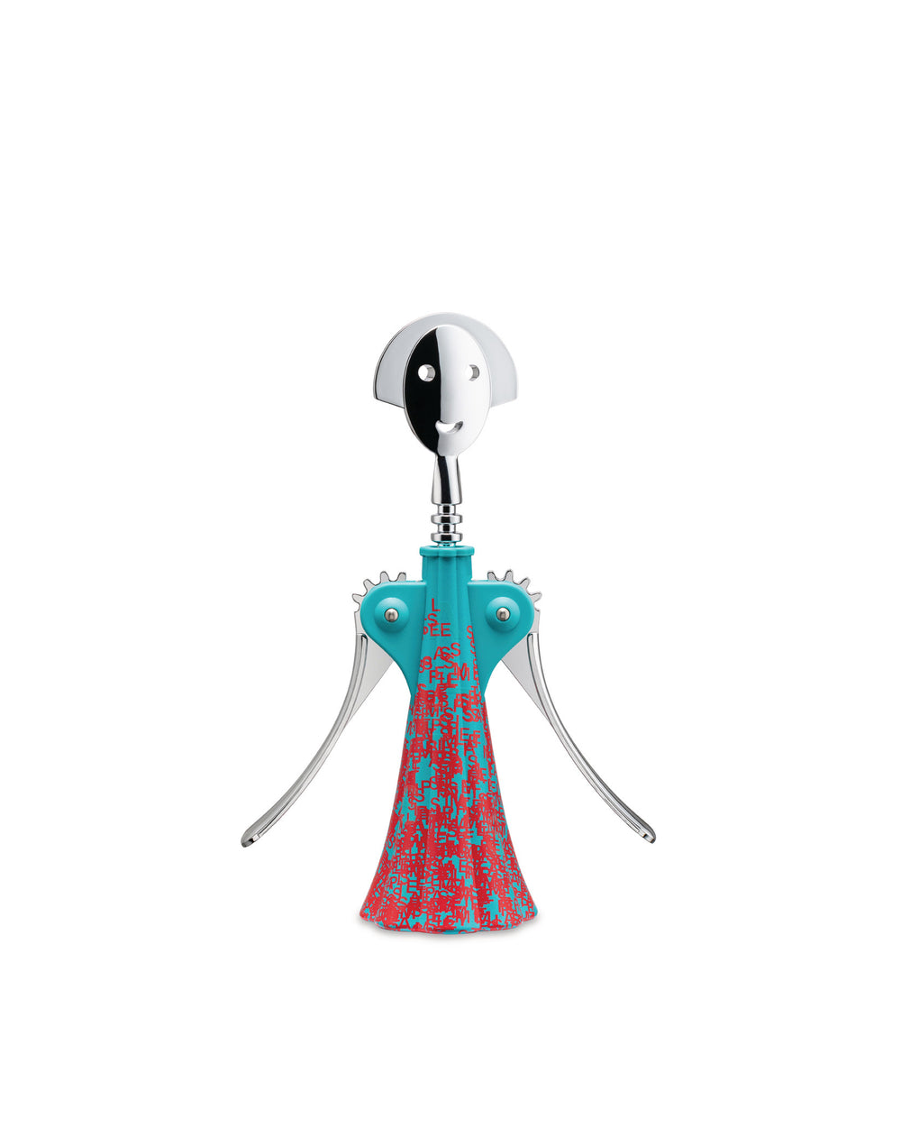 Teal and silver corkscrew by Alessi, featuring a humanoid design with a split face and a red text pattern on its base.