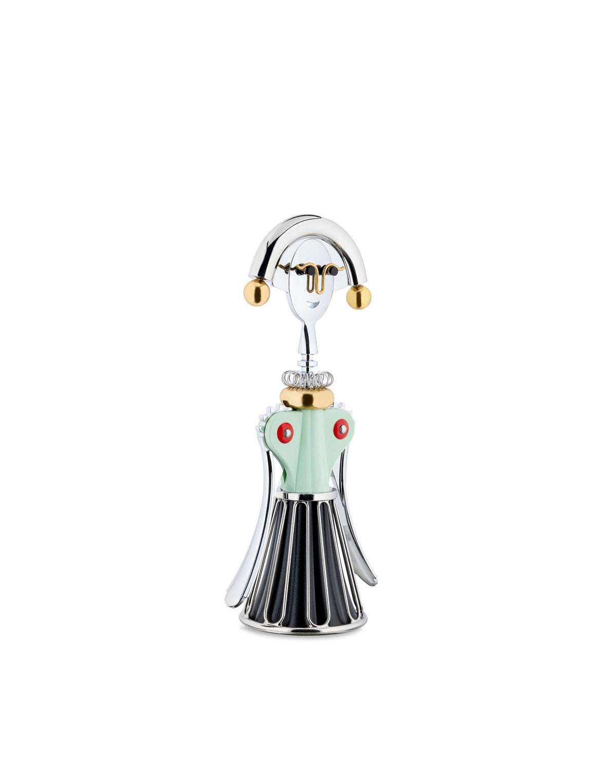 Metallic and mint green Anna G. corkscrew by Alessi, styled as a whimsical figure with gold accents and a fluted black base.