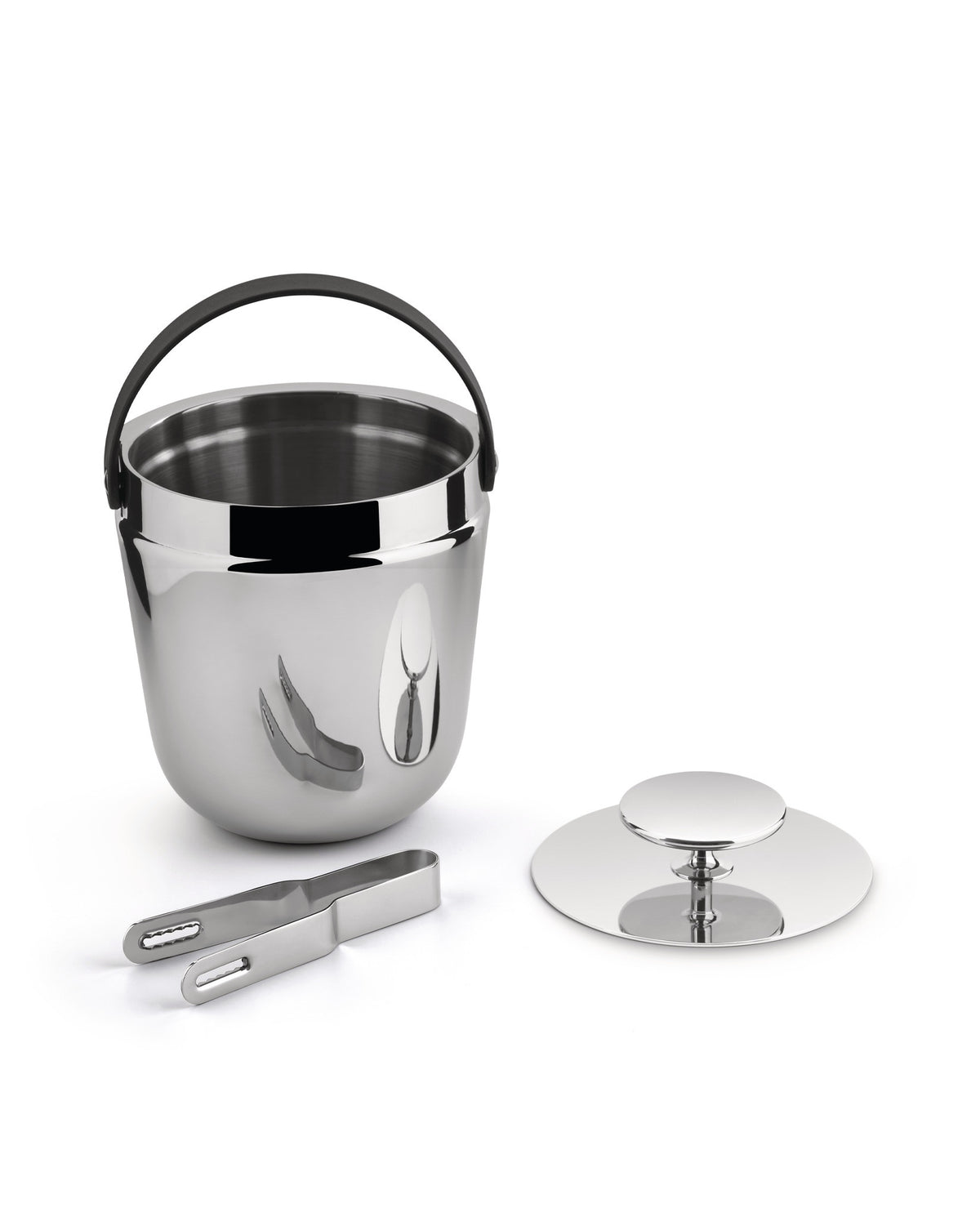 Stainless steel ice bucket by Alessi with black handle, a separate lid, and tongs.