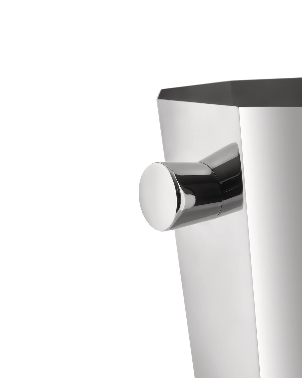 Sleek chrome wine cooler by Alessi, with a polished cylindrical handle, shown in a close-up side view.