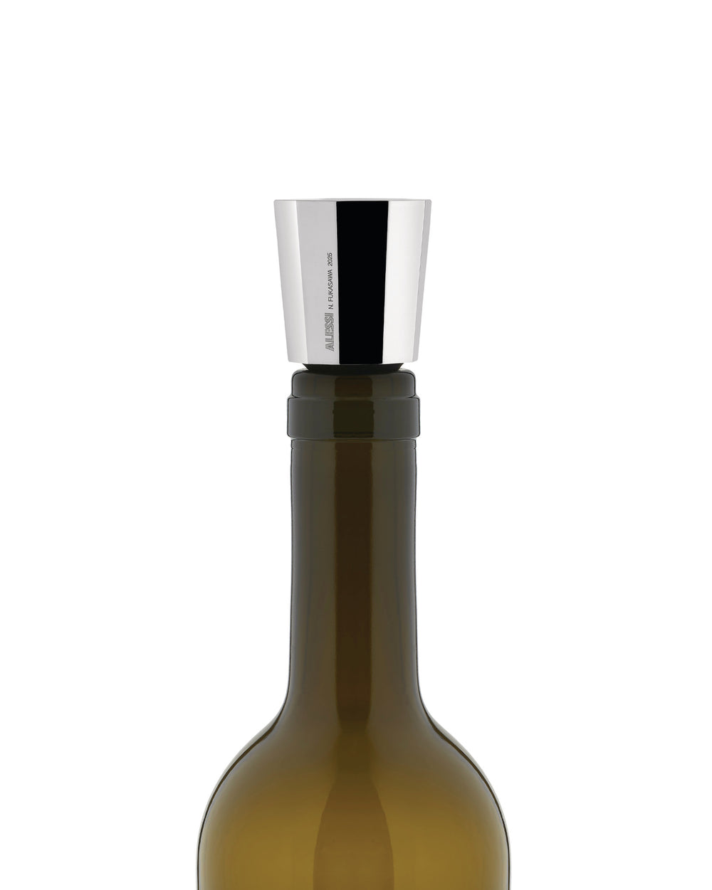 Silver metallic wine stopper by Alessi, a conical design inscribed with text, inserted into a dark glass bottle.