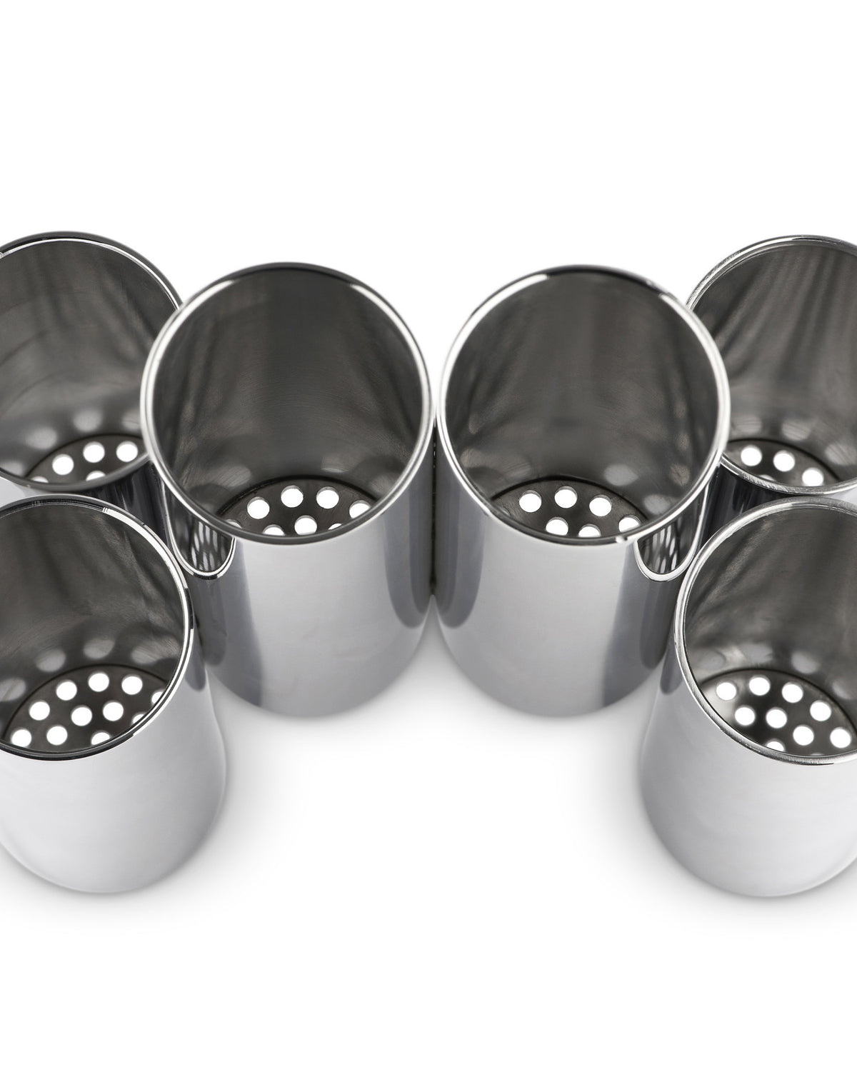 Six silver stainless steel cutlery holders by Alessi, arranged in rows with perforated bases on a white background.