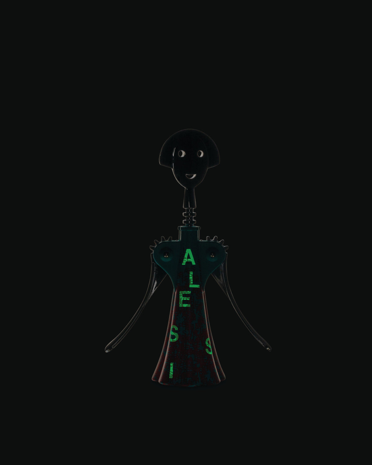 Black and dark red figurative corkscrew by Alessi, with a smiling face and green ALESSI lettering.