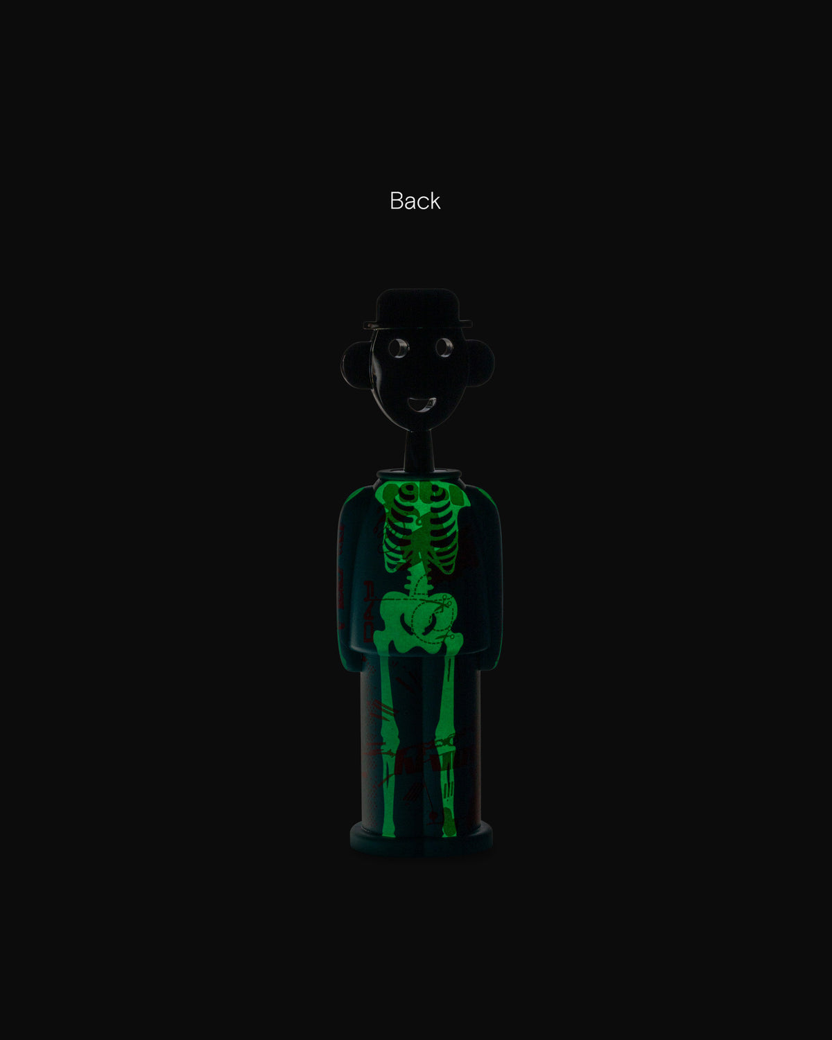Black Alessandro M. corkscrew by Alessi with a green glow-in-the-dark skeleton design, back view.