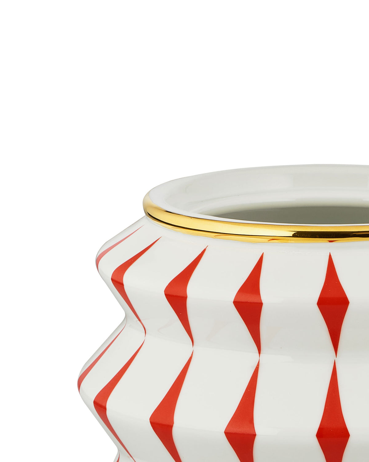 White and red decorative urn by Alessi with a gold rim and harlequin pattern.