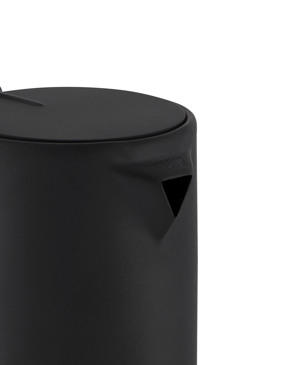 Matte black espresso coffee maker by Alessi, with a modern design and triangular pouring spout.