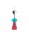 Anna G. corkscrew by Alessi, featuring a chrome top, turquoise body, and a red patterned skirt, shown from the back.