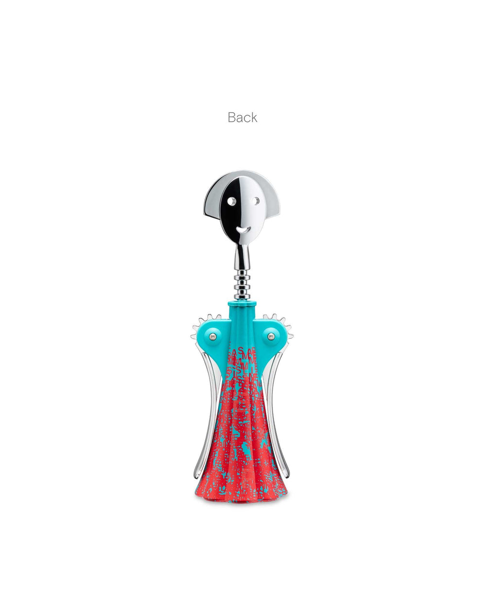 Anna G. corkscrew by Alessi, featuring a chrome top, turquoise body, and a red patterned skirt, shown from the back.