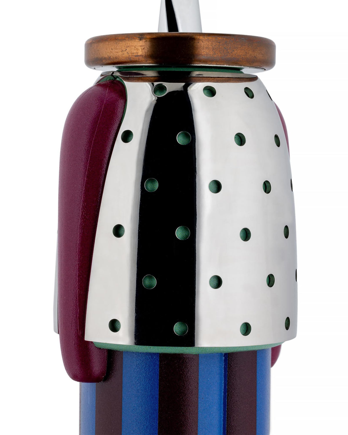 Figural corkscrew by Alessi, with a metallic silver and black upper body featuring green holes, a maroon arm, copper top, and striped blue base.
