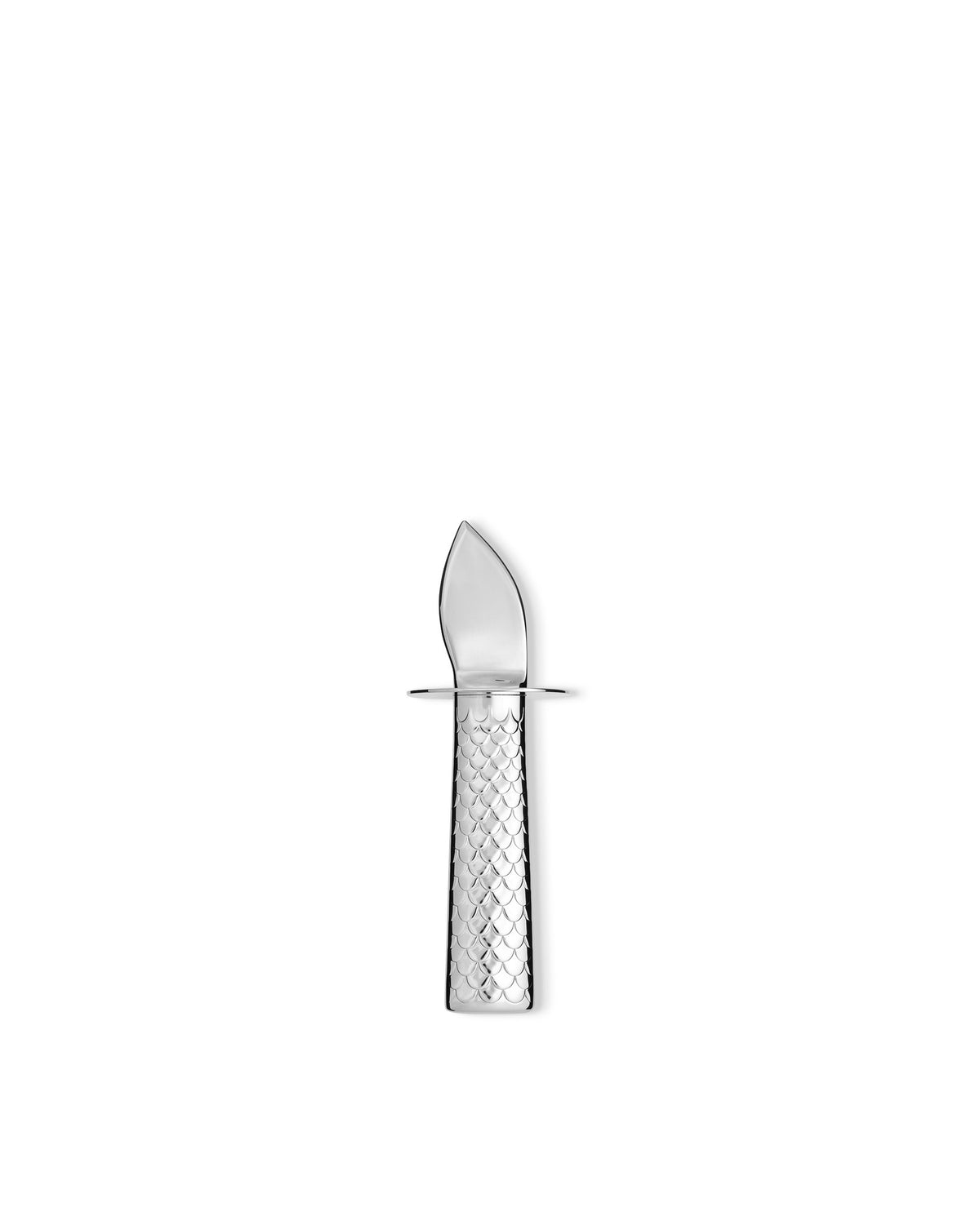 Silver oyster knife by Alessi with a fish scale patterned handle and a curved blade.