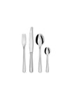Silver flatware set by Alessi, with four sleek pieces including a fork, knife, and two spoons.