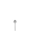 Silver metallic mocha coffee spoon by Alessi, with a polished oval bowl and slender handle, standing upright on white.