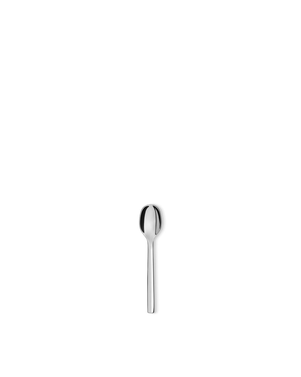 Silver metallic mocha coffee spoon by Alessi, with a polished oval bowl and slender handle, standing upright on white.