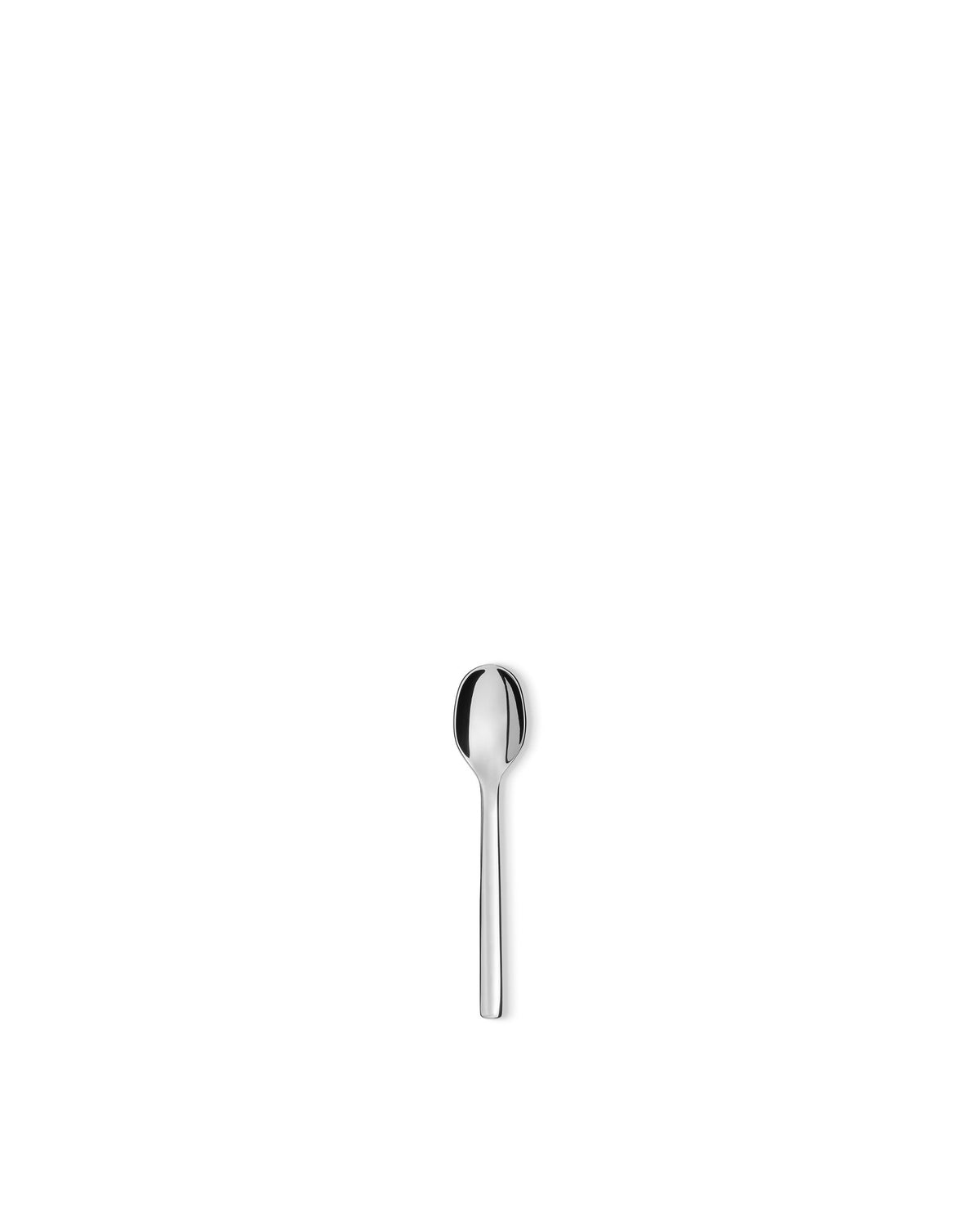 Silver metallic mocha coffee spoon by Alessi, with a polished oval bowl and slender handle, standing upright on white.