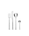 Polished stainless steel flatware set by Alessi, featuring a fork, knife, and two spoons with a modern design.