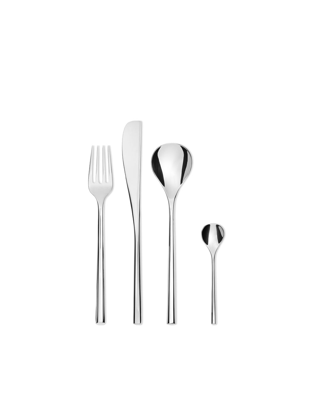 Polished stainless steel flatware set by Alessi, featuring a fork, knife, and two spoons with a modern design.