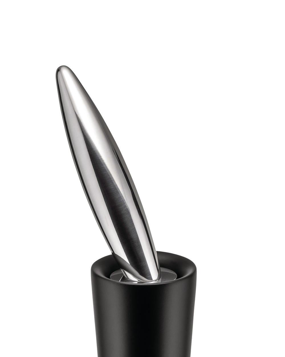 Sleek matte black and polished silver spice grinder by Alessi, featuring an angled conical top.