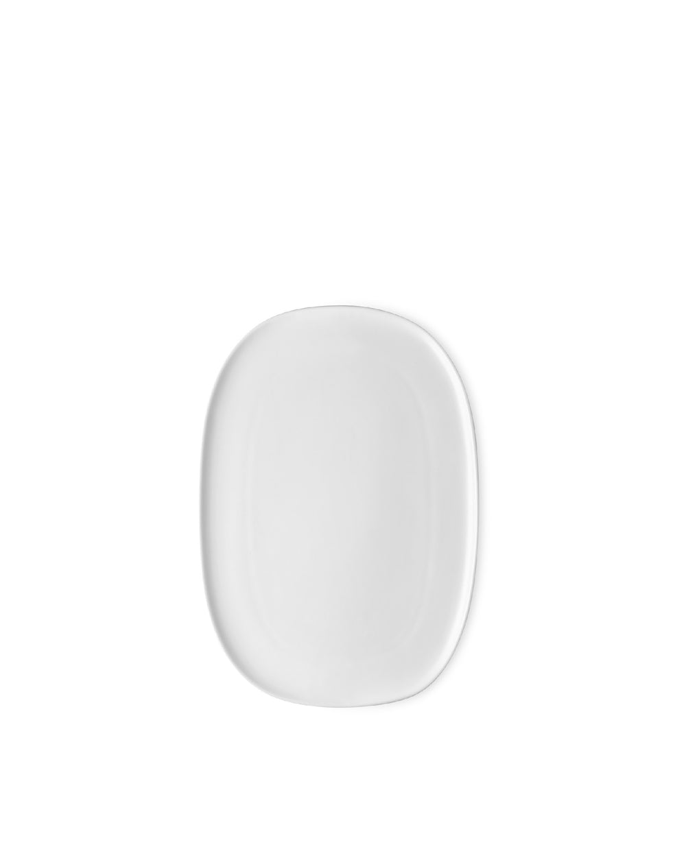 Sleek white serving plate by Alessi with rounded corners, top-down view.