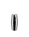 Silver stainless steel cocktail shaker by Alessi with a sleek, three-piece design.