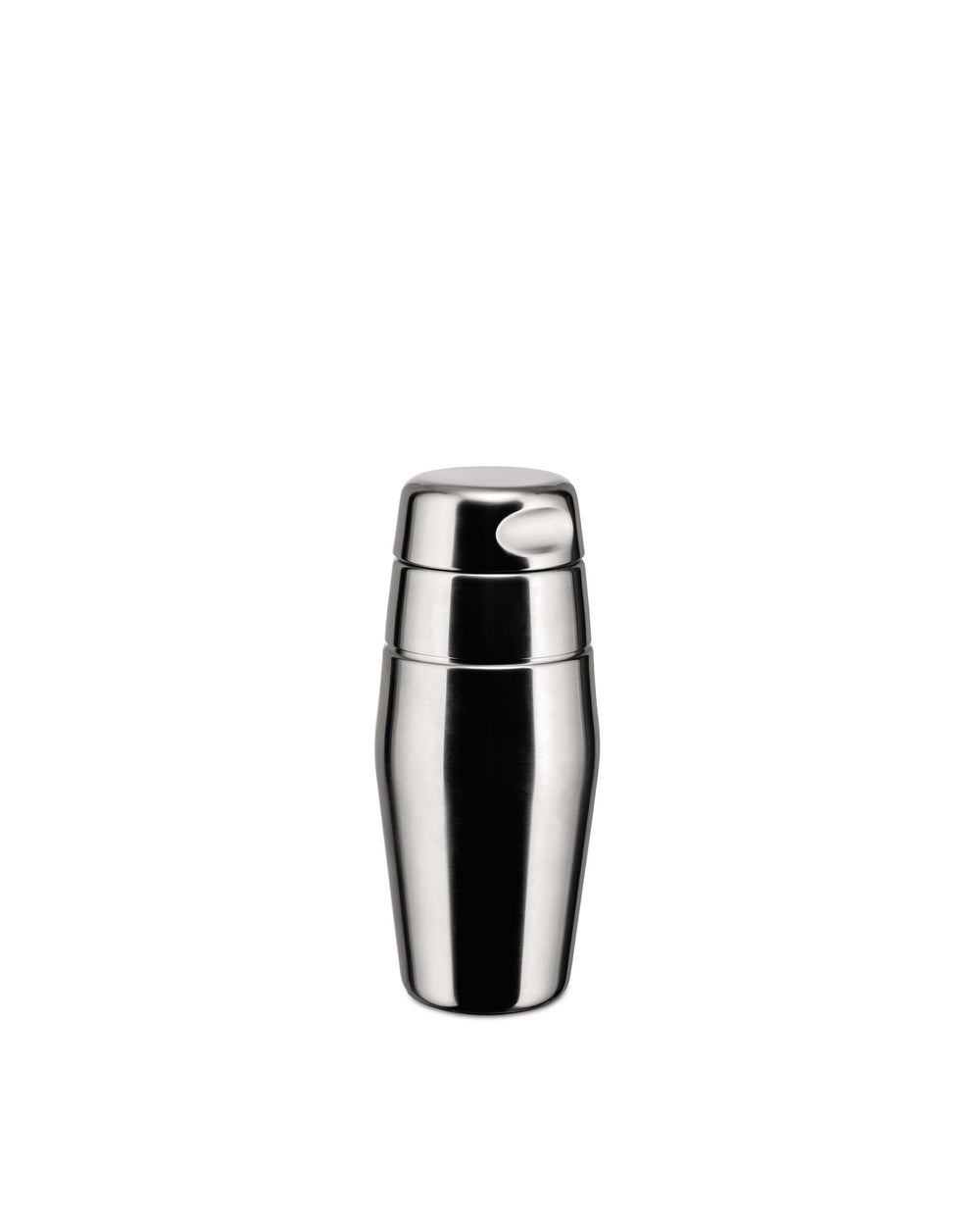 Silver stainless steel cocktail shaker by Alessi with a sleek, three-piece design.