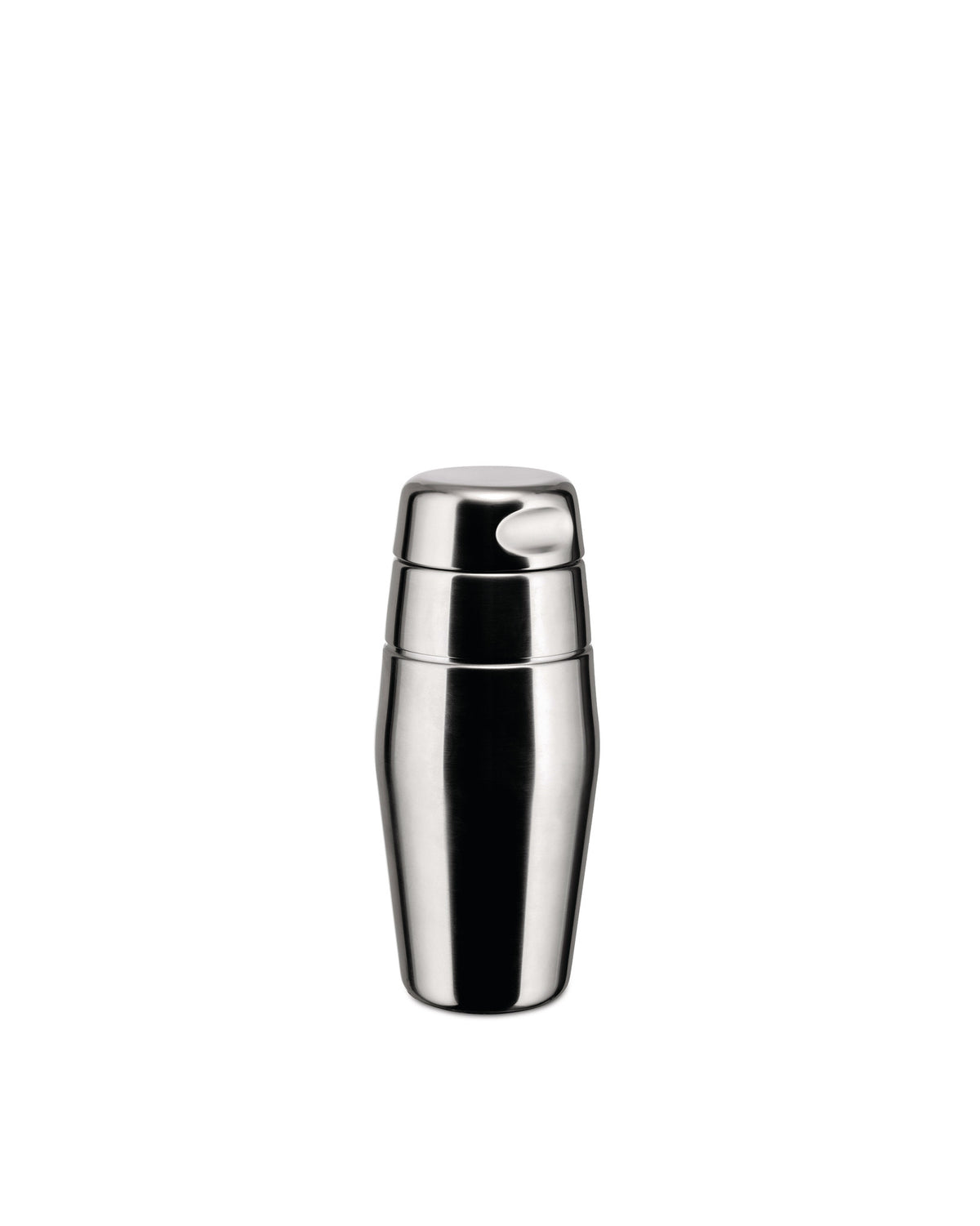 Silver stainless steel cocktail shaker by Alessi with a sleek, three-piece design.