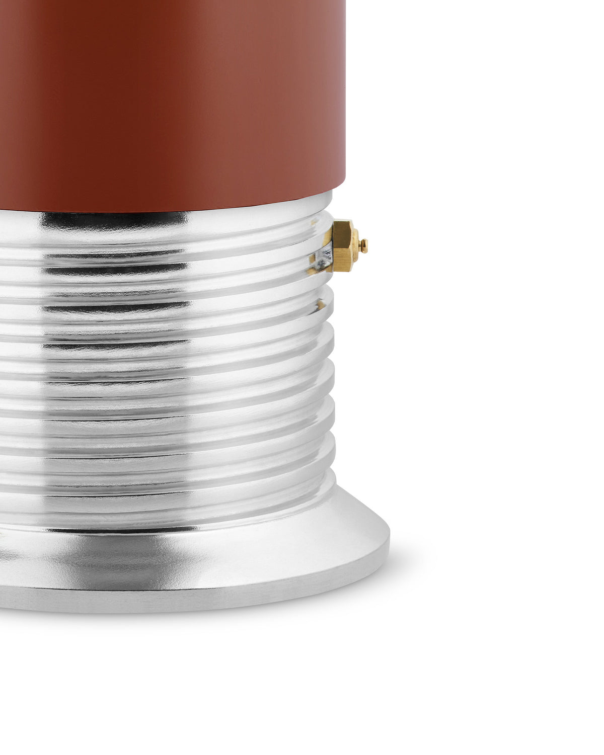 Reddish-brown espresso coffee maker by Alessi, with a shiny silver ribbed lower section and a small brass bolt.