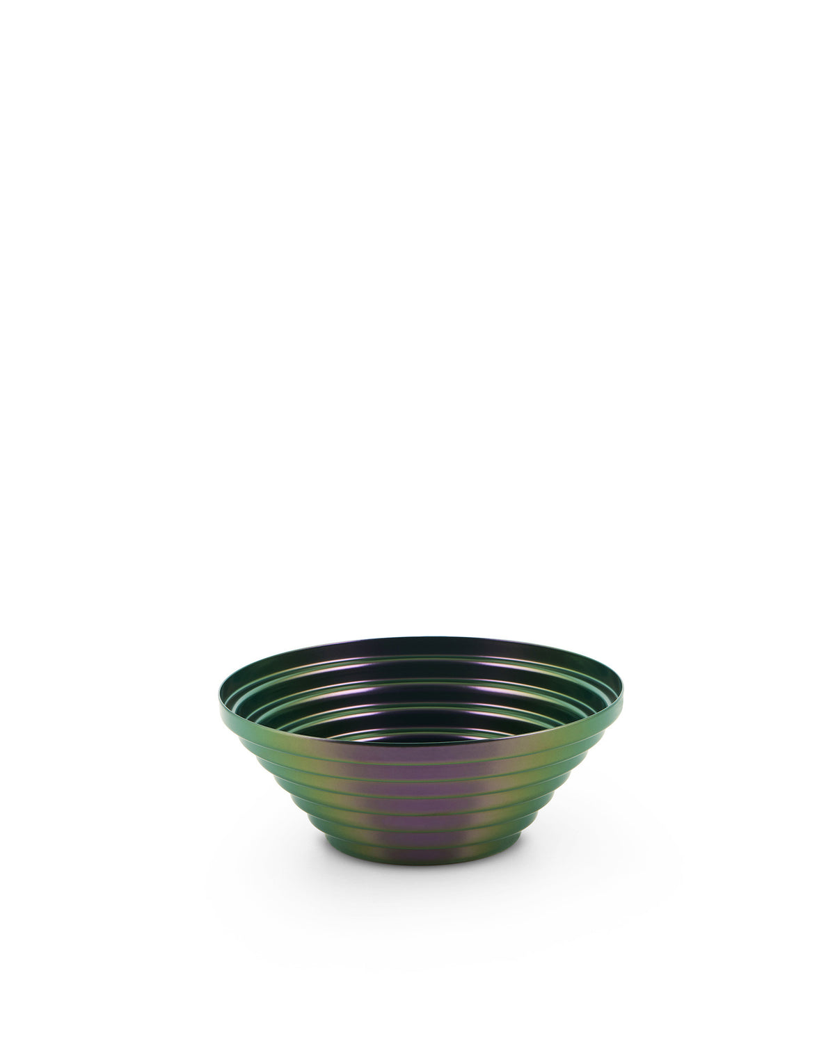 Iridescent green-purple metallic ribbed Maya bowl by Alessi.