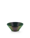 Metallic iridescent green and purple conical ribbed bowl by Alessi.