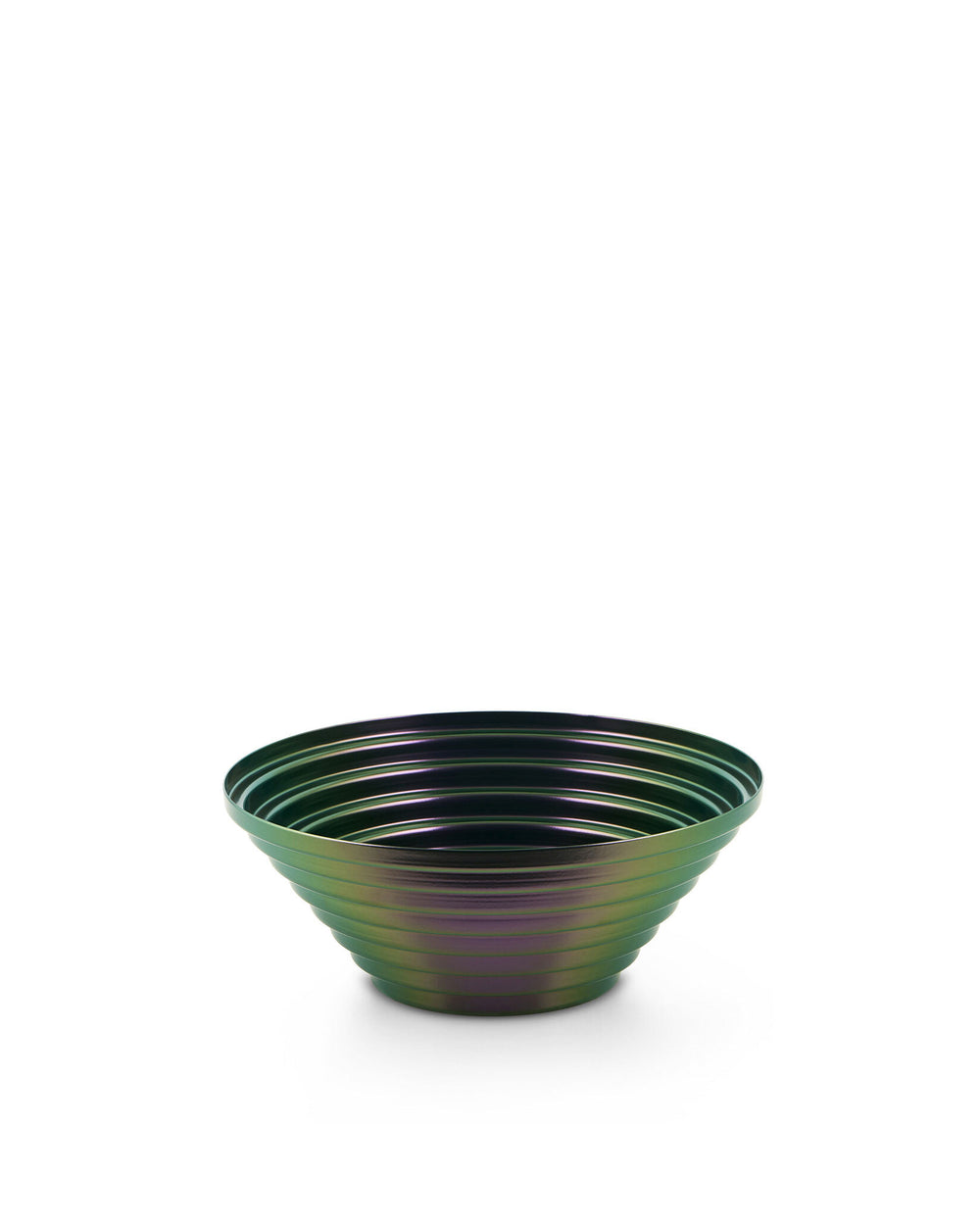 Metallic iridescent green and purple conical ribbed bowl by Alessi.